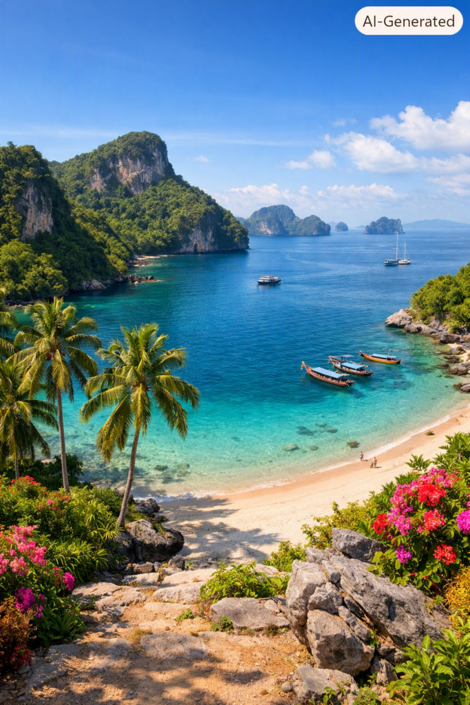 Inspiring journeys and travel guides,Turquoise bay with sandy beach, cliffs, palm trees, rhododendrons, and boats along a scenic coastal path.
